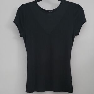 VENUS Mesh V-Neck Black Short Sleeve Top. Size XS